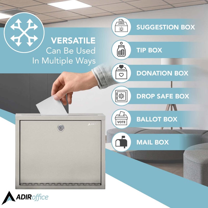 Adir Corp. Adir Metal Suggestion Box with Lock and Slot  Wall Mount Deposit Box for Payments and Checks  Office Mail Box for Employees  Mailbox for House  Safe Drop Box with Keys - 3x10x12 Inch Beige - Image 3